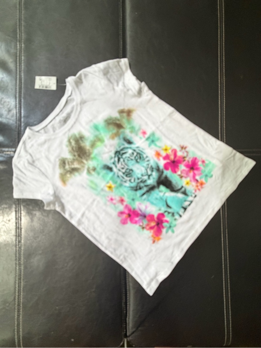 Place - White Tee with Turquoise Tiger and Pink Floral Accents